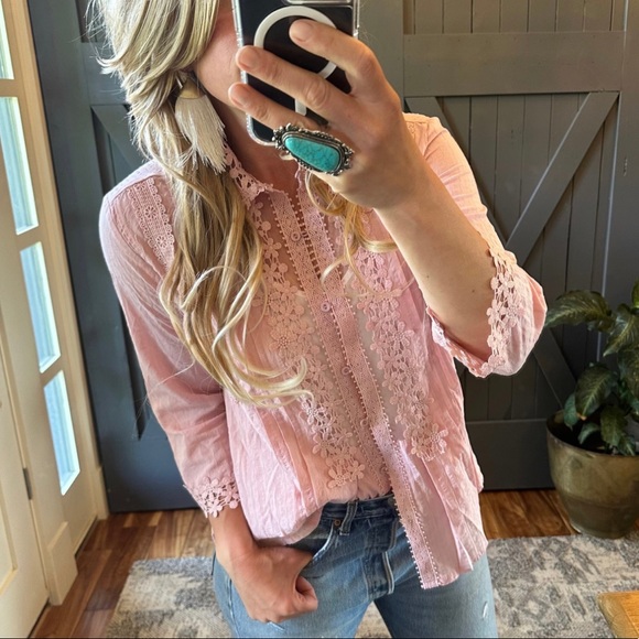 Shop_Fig Tops - New Feminine Pink Lace Button Front Blouse Top Feminine 3/4 Sleeve Shirt Western